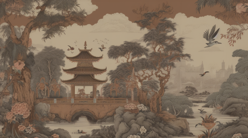 Chinoiserie-inspired wallpaper: pagoda, elephant, tiger in jungle