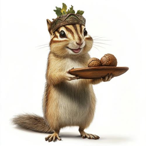 Chipmunk smiling with acorn on tray, medieval headdress on head.
