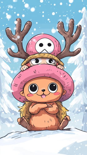 Chopper sits cutely on Luffy's head in scene.