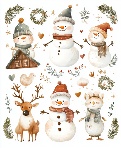 Christmas Sticker Sheet with Cute Snowman and Friends
