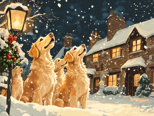 Christmas caroling Golden Retrievers in snowy village illustration.