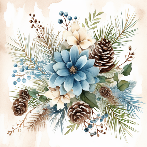 Christmas flowers and greenery in watercolor on paper.