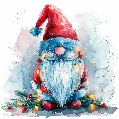 Christmas gnome in red hat with lights on white