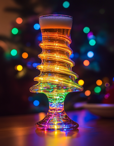 Christmas tree shaped beer glass with colorful background
