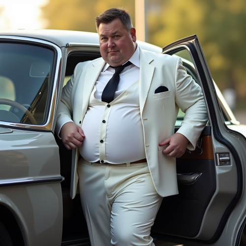 Chubby Boy in White Suit Entering a Benz