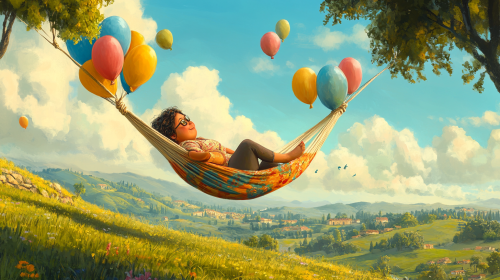 Chubby woman in balloon hammock against lush landscape