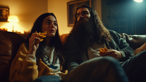 Cinematic 4K Guy Ritchie Style: Bearded couple snacking
