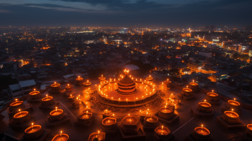 City rooftop with bright Diwali Diya light.