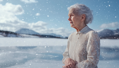 Classy elderly woman in summer fashion, standing on frozen lake