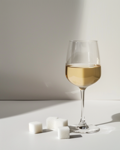 Clear glass of white wine with sugar cubes.