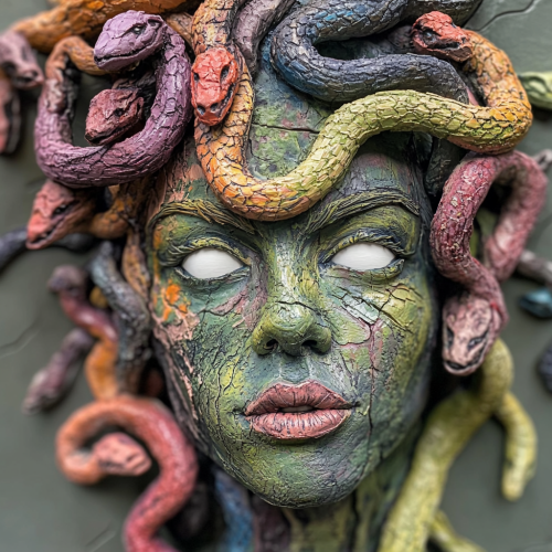 Close-Up Clay Portrait of Colorful Medusa.