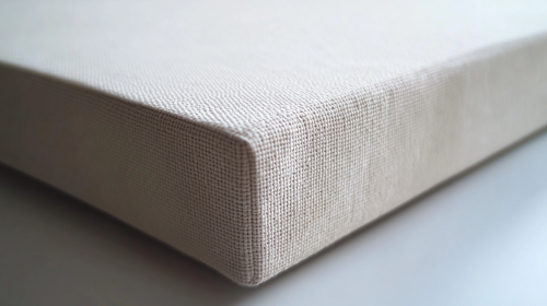 Close-up of abstract canvas in beige, gray, blue.