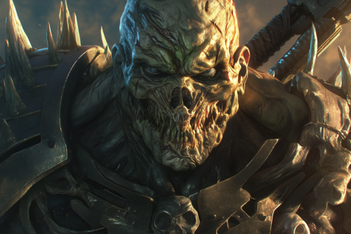 Close-up of evil skull head monster with bone armor.