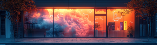 Close-up photo of business window with abstract background.