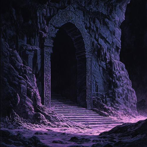 Closed stone door to temple with glowing purple light.