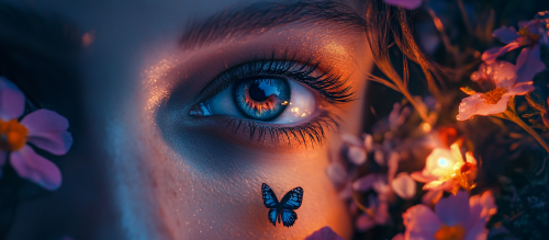 Closeup of woman's black eye with flowers, cinematic night.