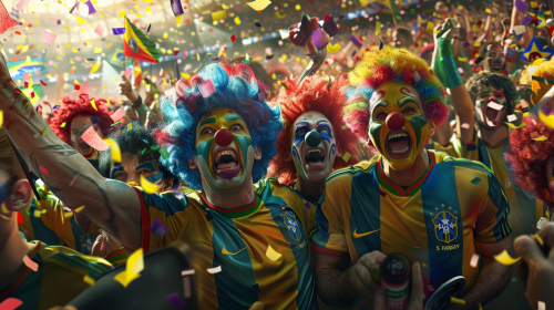 Clowns in Brazilian soccer jerseys cheer wildly in stadium.