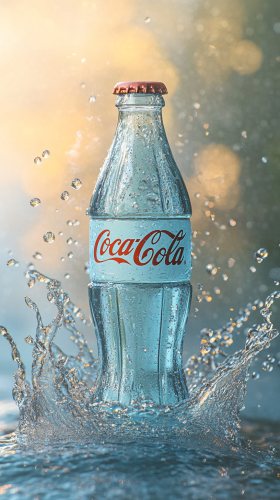 Coca-Cola bottle on mint water with bubbles and droplets.