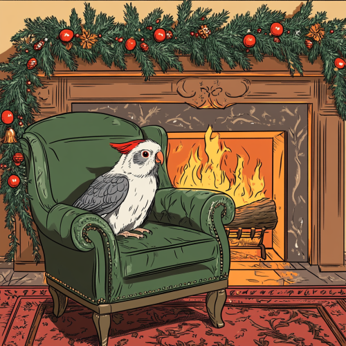 Cockatiel on Festive Chair by Fireplace Drawing Cockatiel on Festive Chair by Fireplace Drawing