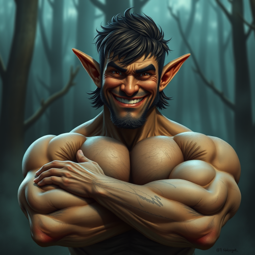 Cocky halfling with crossed arms in mystical forest.