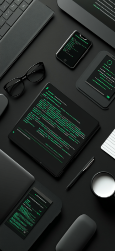 Coding Essentials on Charcoal Background: Laptop, Smartphone & More