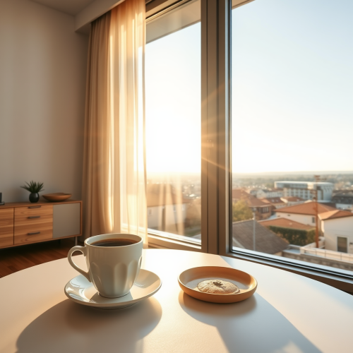 Coffee on Table Overlooking Sunny Distant Town