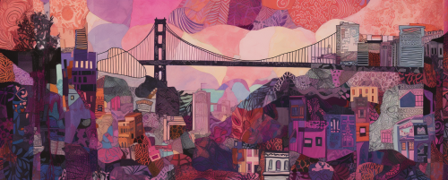 Collage of patterns and textures, urban life symbolism, vibrant colors Collage of patterns and textures, urban life symbolism, vibrant colors