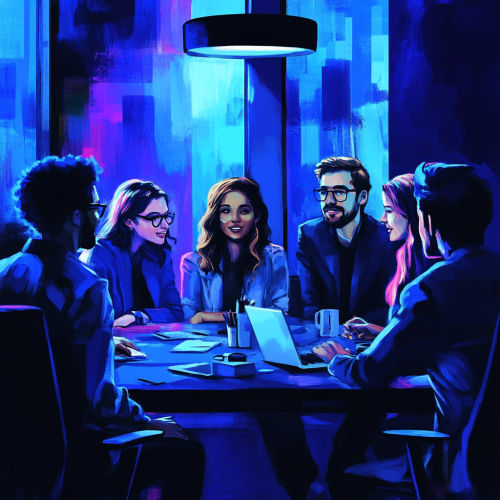 Colleagues Chat in Modern Office with Blue Background