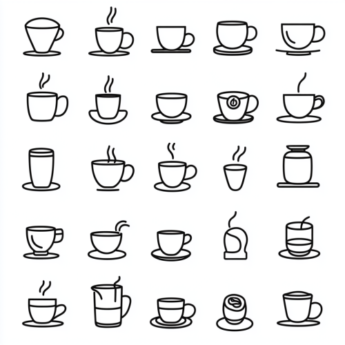 Collection of 40 minimal black and white coffee icons.