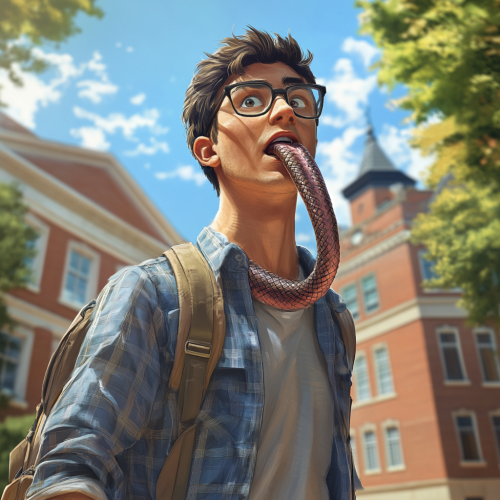 College student superhero with snake-like tongue, glasses, backpack.