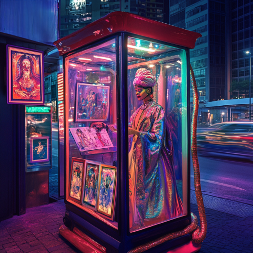 Colorful, surreal fortune teller with art-filled tarot cards.