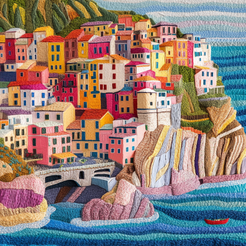 Colorful Cinque Terre villages overlooking Mediterranean Sea.