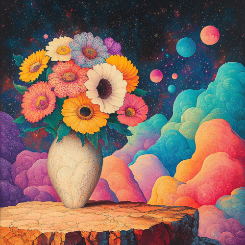 Colorful Cosmic Flowers in Futuristic Vase