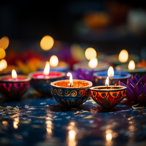 Colorful Diya Lamps with Lotus Flowers - Cinematic Beauty