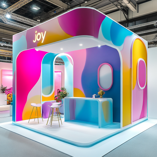 Colorful JOY booth: fuchsia, blue, yellow, purple, white. Creative, nice.