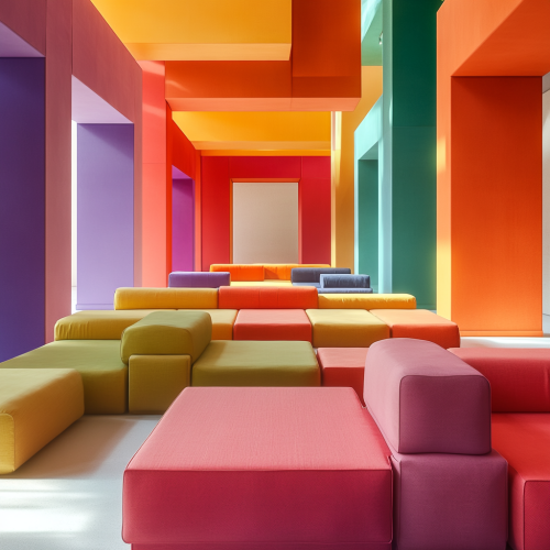 Colorful Lounge with Square Sofas in Playful Layout Colorful Lounge with Square Sofas in Playful Layout