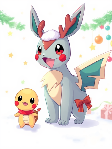 Colorful Pokemon Celebrating Christmas on White Background