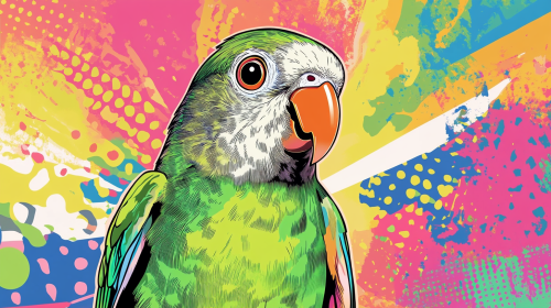 Colorful Quaker Parrot as Bodhisattva in playful pop art.