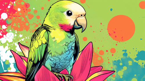 Colorful Quaker Parrot on lotus flower in vibrant artwork.