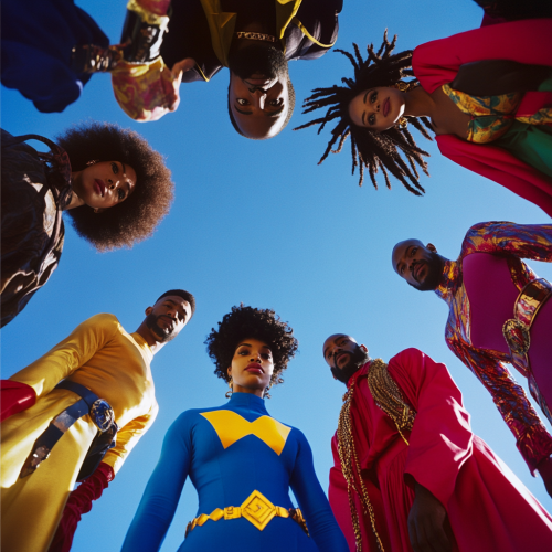 Colorful Superhero Team: 1990s Movie Poster Style