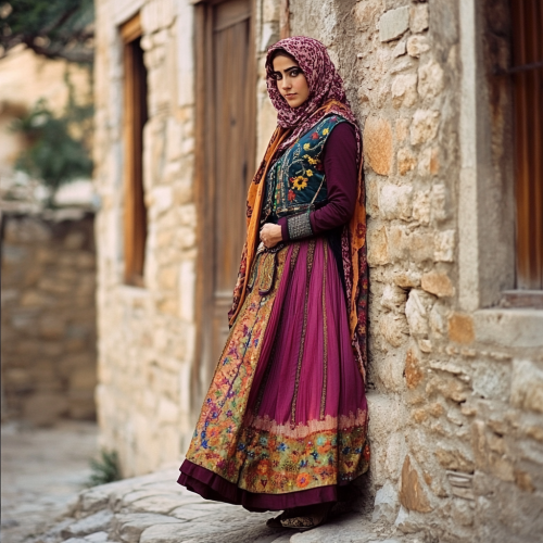 Colorful Turkish clothing with embroidery and headscarf