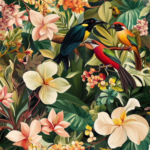 Colorful birds blend into lush flowers and foliage design.