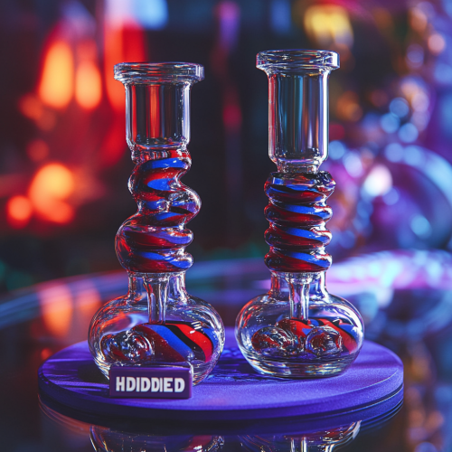 Colorful bongs on purple mat and glass table Colorful bongs on purple mat and glass table