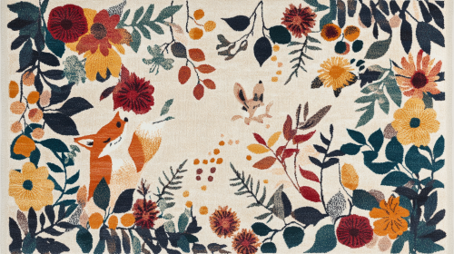 Colorful carpet with playful animals and foliage frame