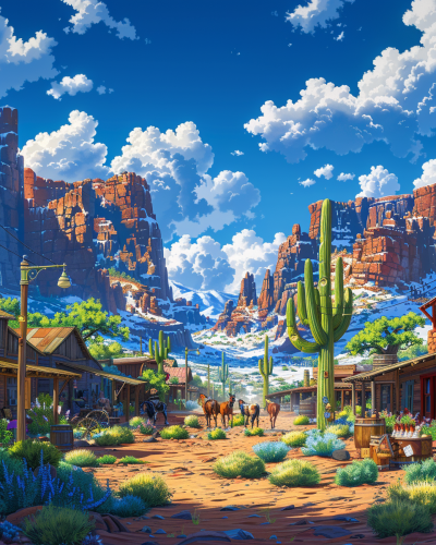 Colorful cartoon trading post in desert at sunset.