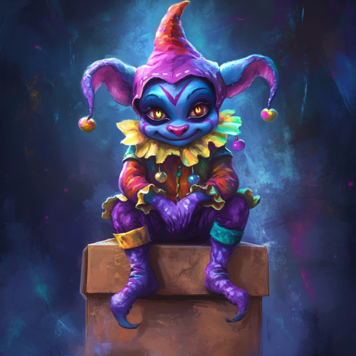 Colorful demon jester on box, dramatic lighting, fantasy game.