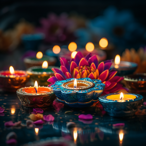 Colorful diya lamps with lotus flowers on table