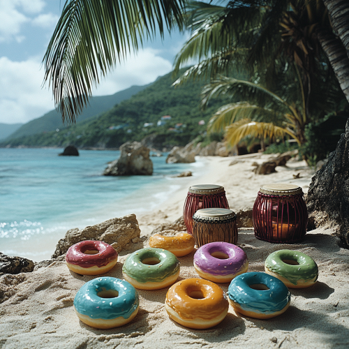 Colorful donuts on Jamaican beach with reggae decorations.