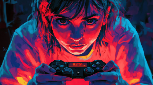 Colorful female gamer holding controller, glowing screen reflection, Nick Kuchar Colorful female gamer holding controller, glowing screen reflection, Nick Kuchar