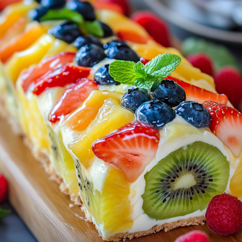 Colorful fruit dessert roll with cream and fresh fruits